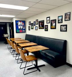 3 Reclaimed Wood Dining Tables, 3 Faux Leather Chairs, and 1 Black Booth Seating Set