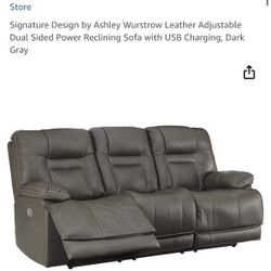 2 Pieces Of  Leather Adjustable Dual Sided Power Reclining Sofa with USB Charging, Dark Gray