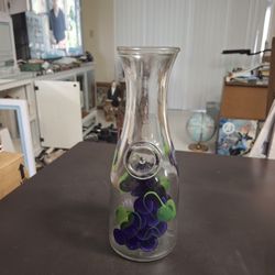 Vintage Anchor Hocking Full Litre Thick Glass Wine Decanter, Hand-painted Grape Design - Market Value $32