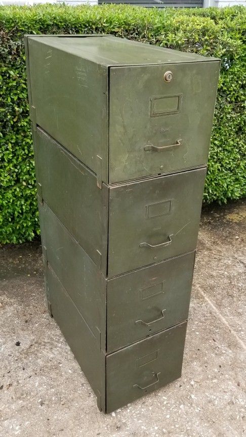Vintage Army Green GLOBE-WERNICKE Steel 4 Drawer Lateral File Cabinet