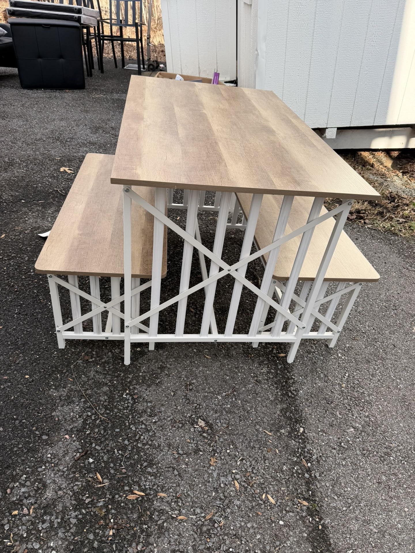 Dining Table Set with 2 Benches โ White Metal Frame & Wood Top