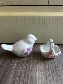 Ceramic Bird Figurine and Basket Set