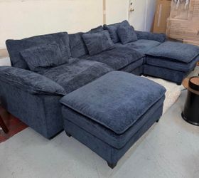 Oversized Modular Chenille Sectional Sofa w/ 2 Ottomans – Blue & Black