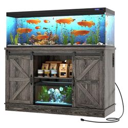 Farmhouse 55-75 Gallon Fish Tank Stand with Power Outlet, 52"Aquarium Stand with Storage/Sliding Barn Door, Heavy Duty Tank Stand for 2 Fish Tank/Rept