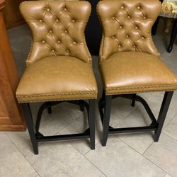 Brown Wood Faux Leather Stools 