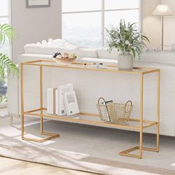 52" Entryway Table, 2-Tier Narrow Console Table, Tempered Glass Sofa Table with Metal Frame, Entry Table with Shelves, Console Tables for Entryway, Ha