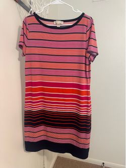 Michael Kors L Pink Blue Stripe Shift dress Cap Sleeve Stretch