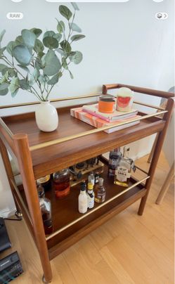 West Elm Mid-Century Bar Cart 32” – Walnut & Antique Brass