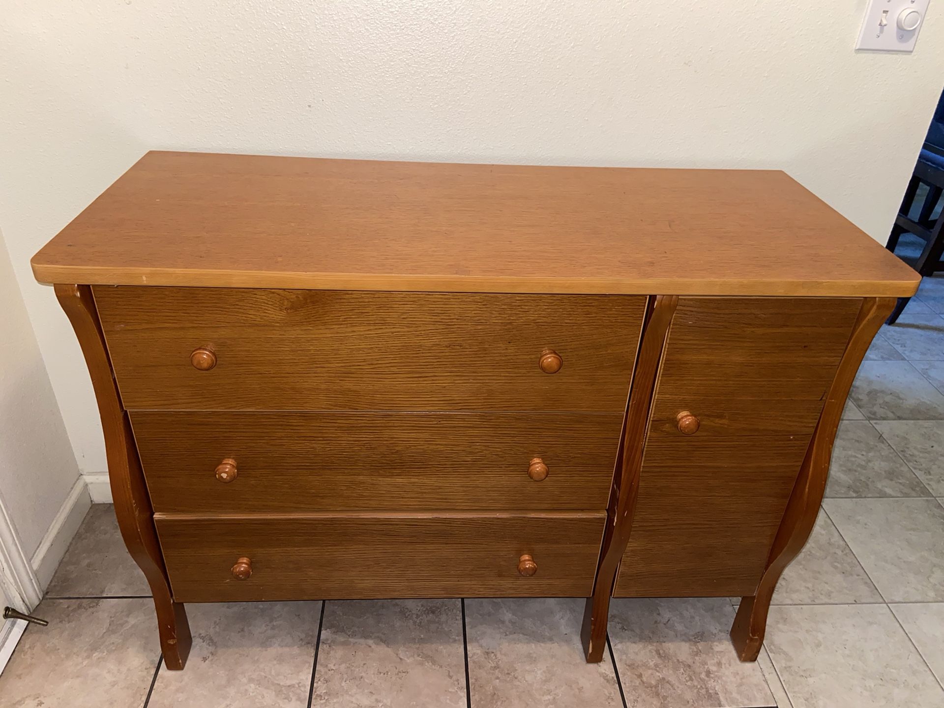 Dresser - Three Drawer Dresser & Side Storage - top drawer is off track, other two are smooth, Real Wood - Dimension/measurements are in the last pic