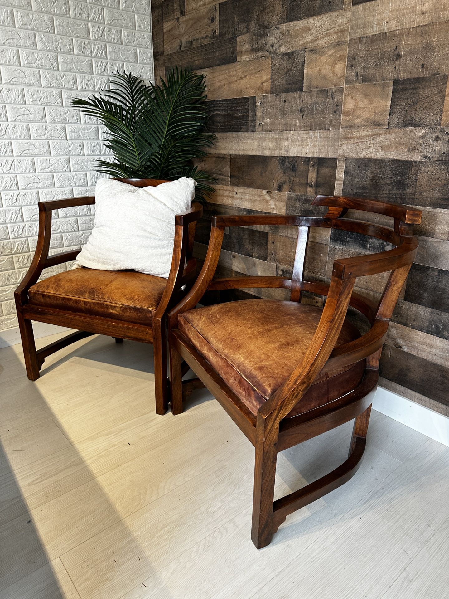 Antique Wood Leather Chairs 