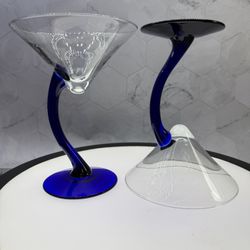 Set of (4) Beautiful Vintage Libbey Bravura Swerve Martini Cocktail Glasses Cobalt Curved Blue Stems. Great Barware! Great Condition. Four sets availa