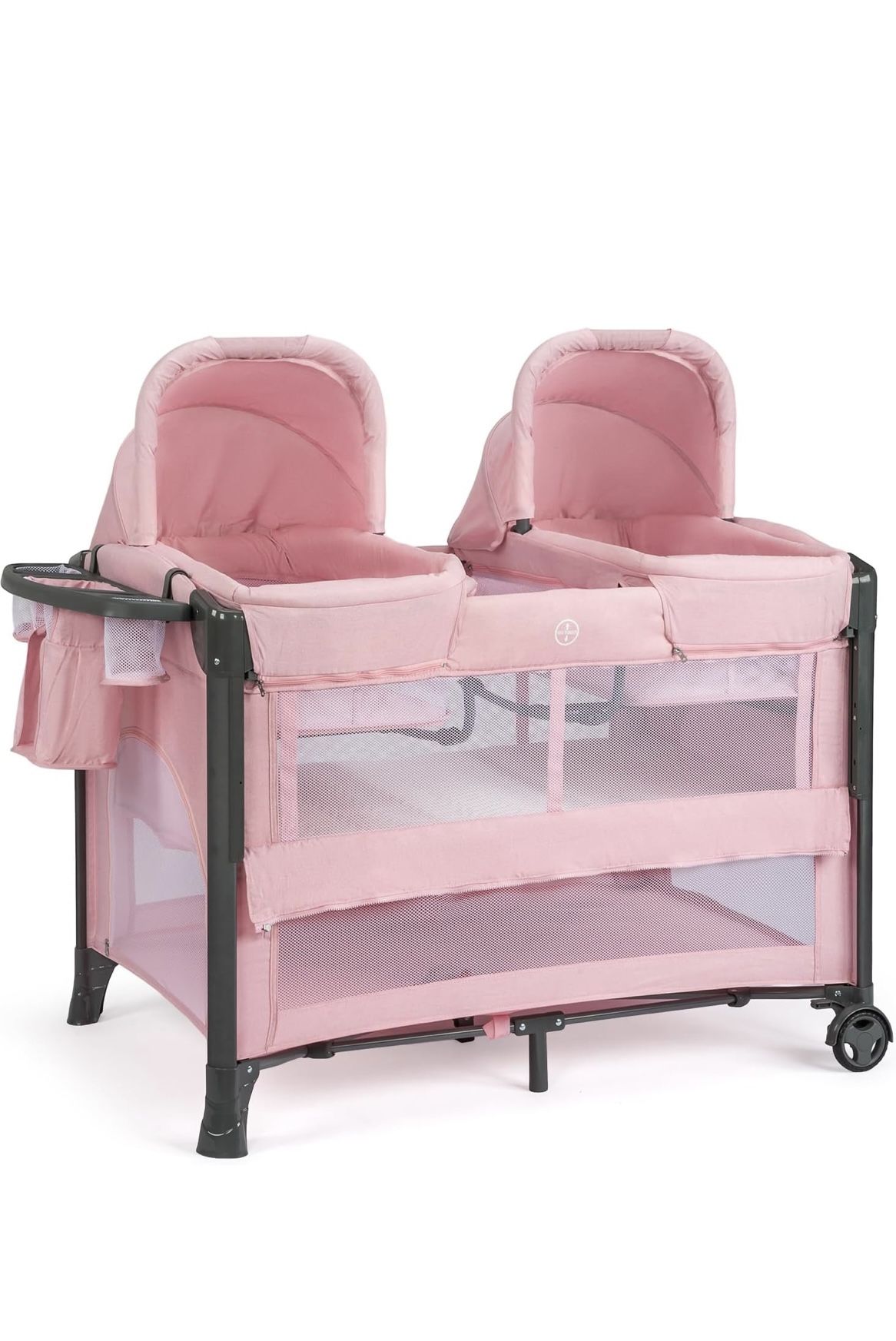 Twin Bassinet for Baby, Pink Bedside Bassinet, Convertible to Bedside Sleeper and Playpen, with Wheel, Brake, Foldable Side Sleeper