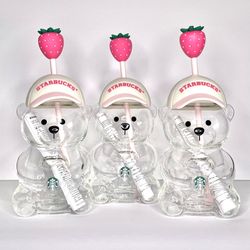 Set of 3 Viral Starbucks Pink Strawberry Bearista Glass Cups