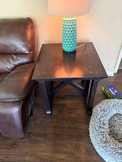 Two Dark Wood End Tables with X-Base