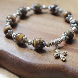 Rosary Bracelet, Tigereye Natural Stones, Silver Plated, All sizes
