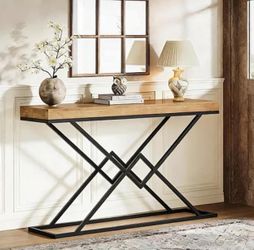 Solid Wood Console Table, 47.2" Industrial Entryway Table with Geometric Metal Frame