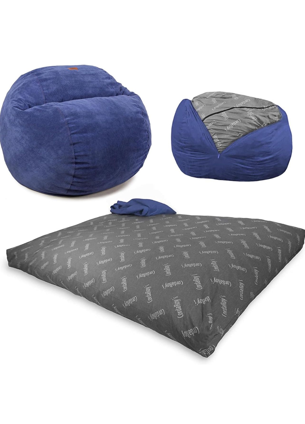 CordaRoy's Corduroy Bean Bag Chair, Convertible Chair Folds from Bean Bag to Lounger, As Seen on Shark Tank, Navy - King Size