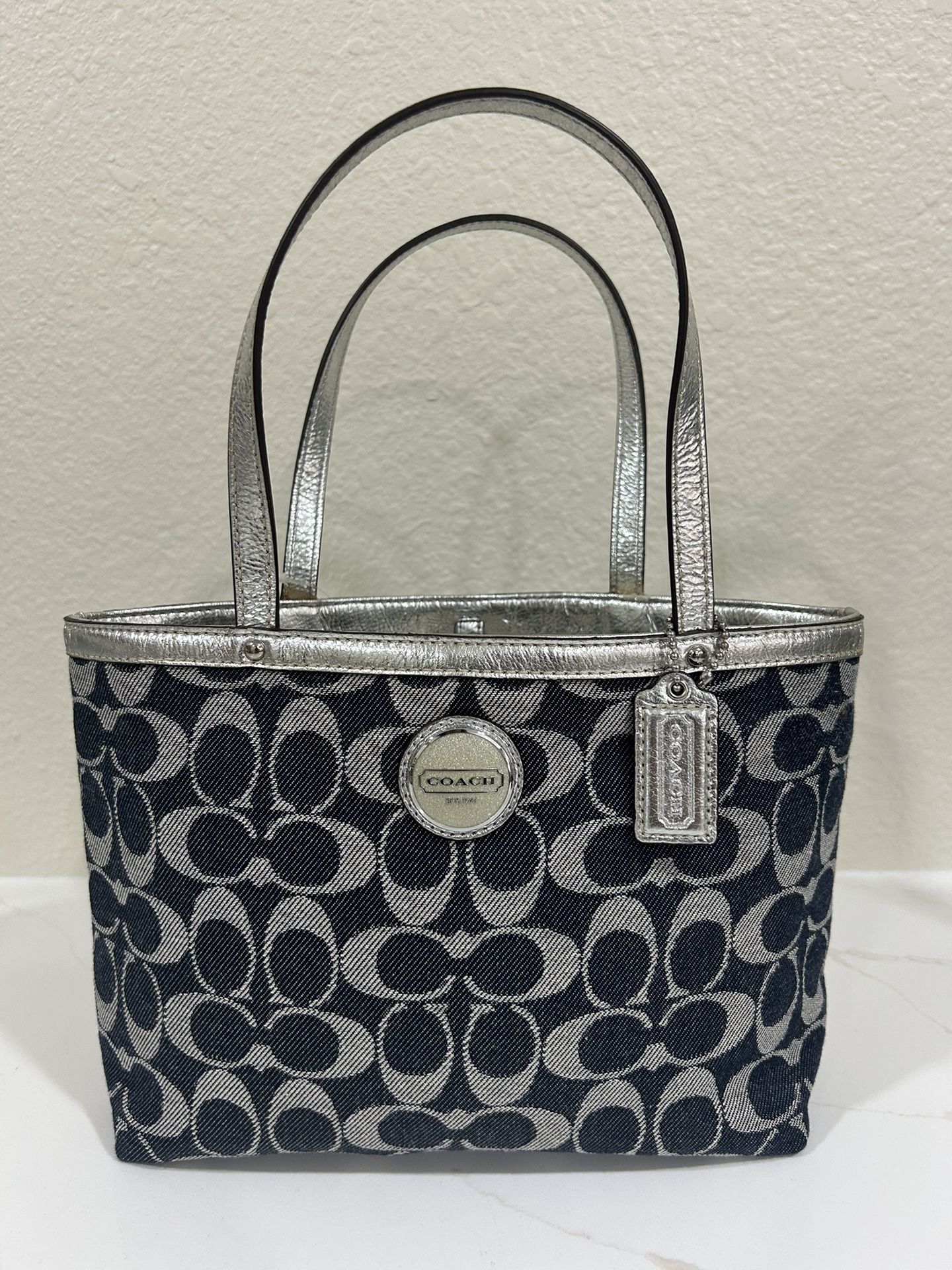 Mini Coach Signature Flower Tote Bag in blue and silver