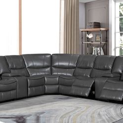 Summer clearance sale. Madrid, leather reclining sectional in gray or black only $1499. Easy finance option. Same day delivery.
