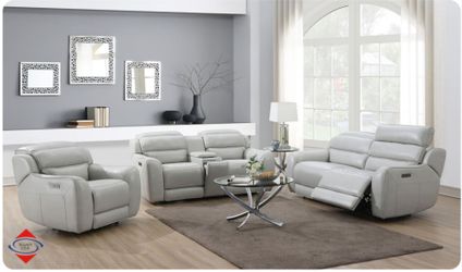Gray Faux Leather Power Recliner Living Room Set