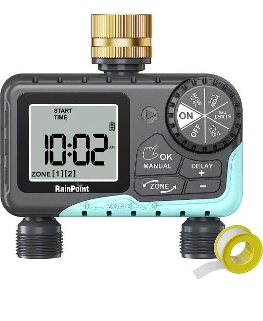 RAINPOINT Sprinkler Timer 2 Outlet, Water Timer for Garden Hose, Drip Irrigation Timer for Yard Outdoor Watering, Rain Delay/Manual/Automatic System C