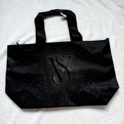 Victoria’s Secret Large Black Tote Bag – NWT – Rhinestone Logo – Zippered