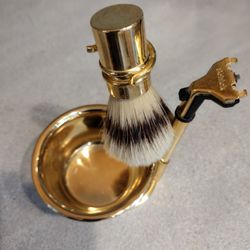 Vintage Schick Brass?/Gold Tone Shaver, Brush And Stand