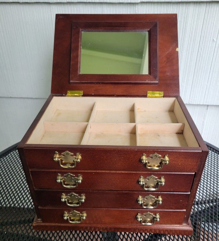 VTG Wood Chippendale Style Jewelry Box Chest Brass Pulls Lift Top Mirror