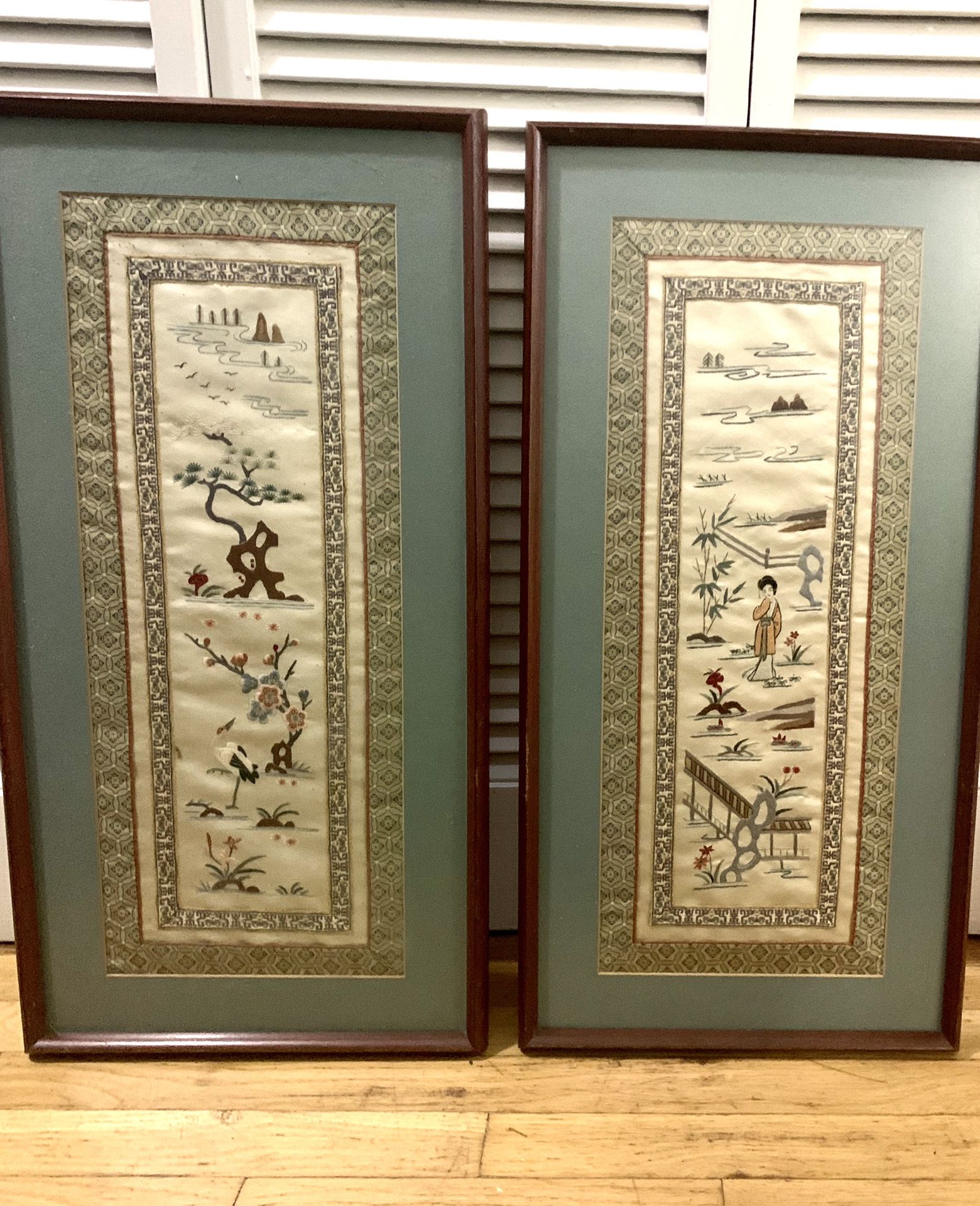 Pair Vintage Chinese Silk Embroidery Matted Framed Panels