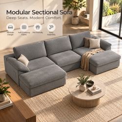 Modern Cloud Sofa with Ottoman – No Assembly Required | Comfy Cream Couch 🛋️  Cream Boucle Sectional Sofa with Chaise