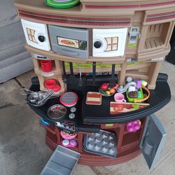 Play Kitchen Set w/ dishwear cooking utensils  and groceries  /food