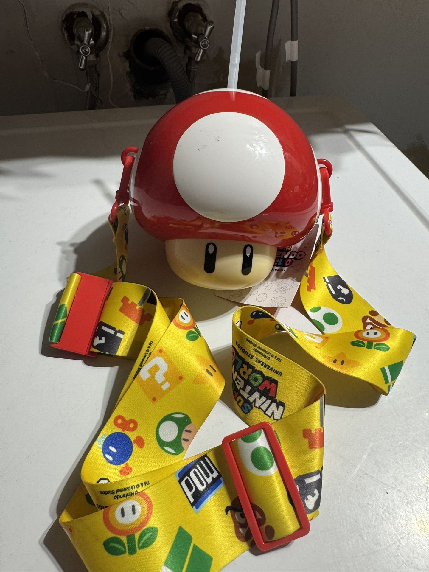 Super Nintendo World Mushroom Sipper Drink Cup + Strap Universal Studios Mario
