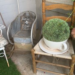 Outdoor Antique Baby Stroller & Ladder Back Chair