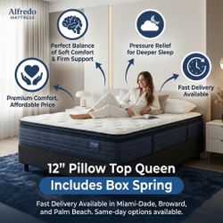 Queen mattress pillow top set with box spring (2pc - new) 