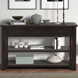 NEW 48 in. Black Rectangle Solid Pine Wood Top Console Table Entryway Sofa Side Table with 3 Storage Drawers and 2 Shelves