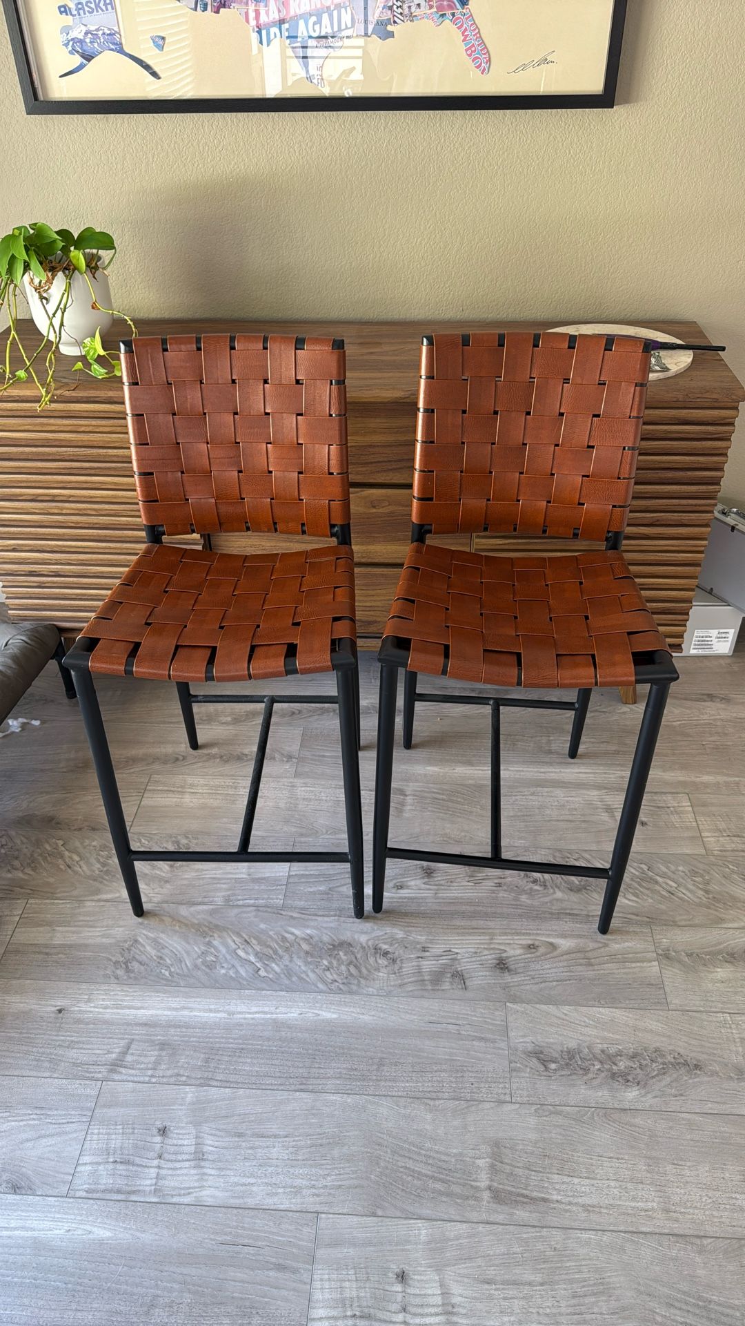 Tan Woven And Black Counter Height Stools