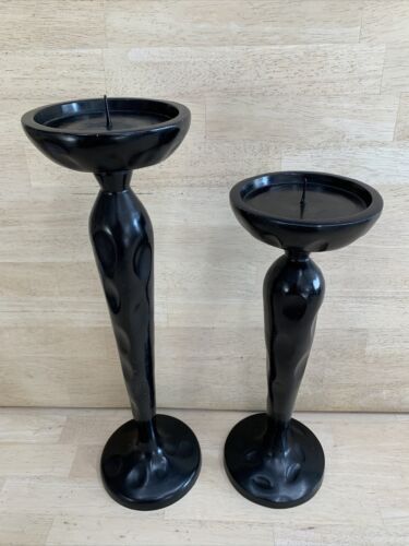 2 Tall Metal Pillar Candle Holders Glossy Black w/ Dot Thumbprint 15" X 17"