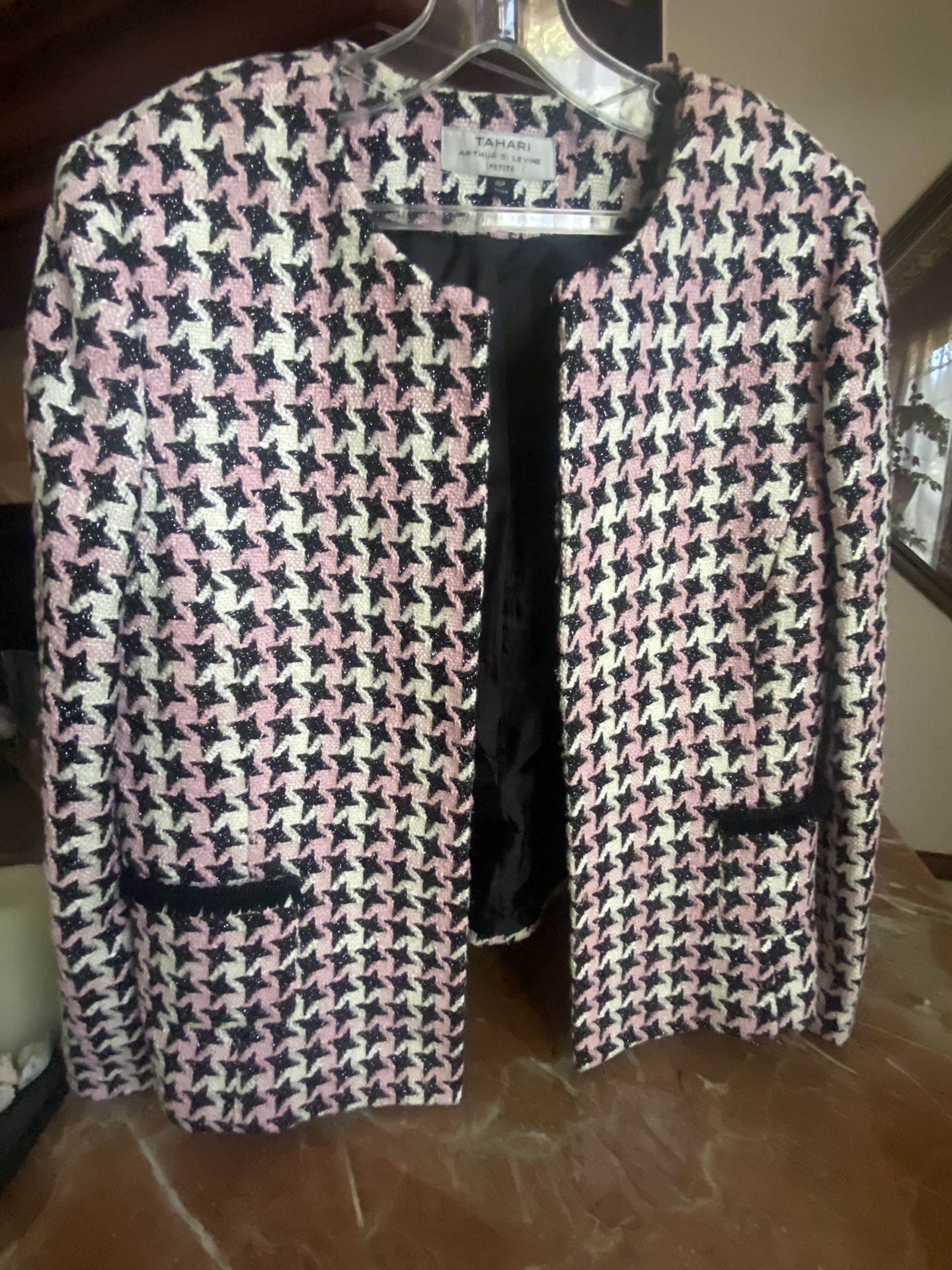 Elie Tahari Pink Metallic Fringe Tweed Blazer Jacket 16 Petite
