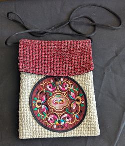 New Cream and Burgandy Knit Flap Handbag Pouch Bag with Brownish Embroidered Satin Motif 8.5" x 6.5"
Black inside.
 Extra front pocket under the flap.