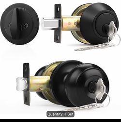Matte Black Front Door Lockset with Single Cylinder Deadbolt & Door Knob, Keyed Alike Entry Door Lockset