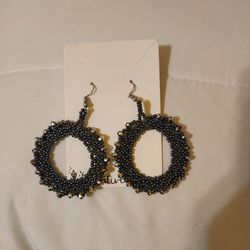 Handmade Dark Gray Beaded Hoop Earrings