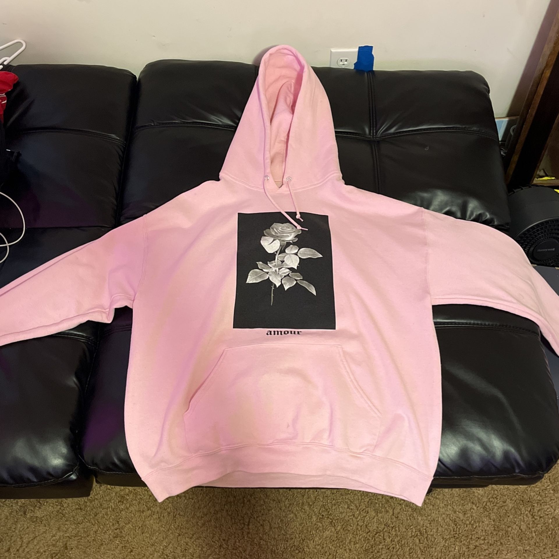 graphic pink, drawstring hoodie