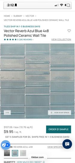 2 Boxes of Tile Bar Decorative Tile- Vector Reverb Azul Blue Design