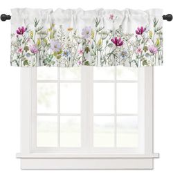 Curtain Valance, Wildflowers Spring Watercolor Flower Floral Print Plants Short Rod Pocket Window Treatment for Living Room, Bedroom, Kitchen, Bathroo