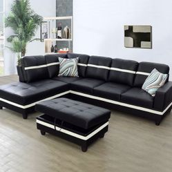 Black Leather Sectional Couch And Ottoman 