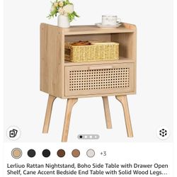 Lerliuo Rattan Nightstand, Boho Side Table with Drawer Open Shelf, Cane Accent Bedside End Table with Solid Wood Legs for Bedroom, 