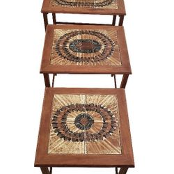 Mid 20th C Danish Toften Mobelfabrikken Nesting Accent Tables With Ceramic Tile Inlays, Set Of 3