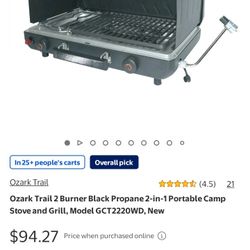 Ozark Trail 2 Burner Black Propane 2-in-1 Portable Camp Stove and Grill, Model GCT2220WD, New