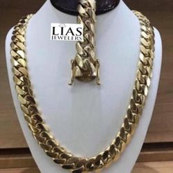 New 18k Yellow Gold Cuban Link Chain And Bracelet 18mm 