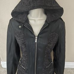 Guess Fabric & Faux Leather Zip Up Hooded Jacket Medium 